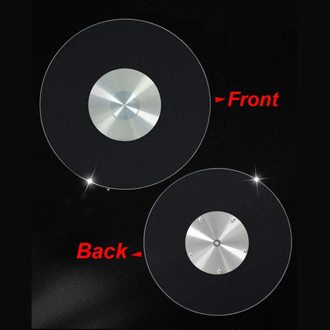 Front and back view of Large Lazy Susan Turntable With Clear Tempered Glass Top And Aluminum Base showing 360-degree rotation design.