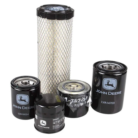 OEM Filter Kit LVA21128 for 3032E 3036E and 3038E tractors with five filters: engine oil, air, fuel, and two hydraulic filters.