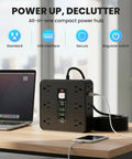 16 In 1 Smart Power Strip Surge Protector With 12 AC Outlets And Dual USB C Ports on desk next to laptop.