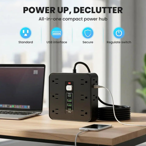 16 In 1 Smart Power Strip Surge Protector With 12 AC Outlets And Dual USB C Ports on desk next to laptop.