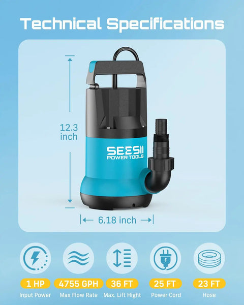 One HP Submersible Water Pump With 4755GPH High Flow Beast 23ft Hose Kit Anti Clog Filter Net technical specifications