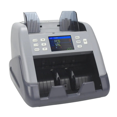 Boss Level Multi Currency Bill Counter With Automatic Note Verification Secure Denomination Detection And Flat Out Fast Cash Sorting For Serious Retail Teams Everywhere showing digital display and bill input.