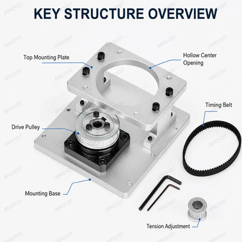 Rock Solid Hollow Rotary Actuator With Fine Tune Belt Tension Cnc Machined Aluminum Plate for 86Mm Stepper Motor with drive pulley and timing belt.