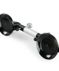 Two clamps for countertop alignment with vacuum suction cups and a telescoping rod for leveling stone slabs.