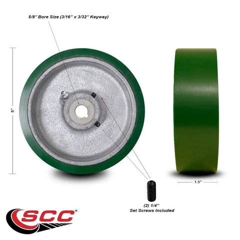 Poly Tread Cast Iron Keyed Drive Wheel 5 Inch By 1.5 Inch With Five Eighth Inch Bore For Industrial Machinery And Heavy Equipment Applications, Durable Circular Wheel For Smooth Operation shown from front and side view with set screws visible.