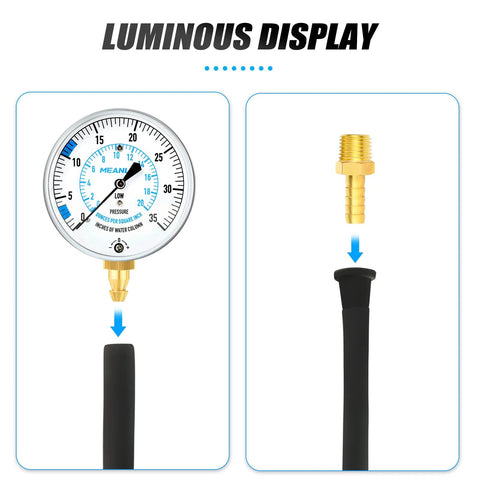 Gas pressure test gauge kit with 0–35 in WC scale, 40 in hose, 1/8 in NPT brass fitting (front view)