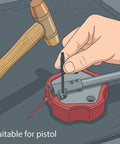 Hand using Roll Pin Starter Punch Set For AR Builds Four Starter Punches In Sizes One Sixteenth Five Sixty Fourths Three Thirty Second And One Eighth Inches Heat Treated Steel With Black Finish Keeps Pins In Place During Installation with pistol.