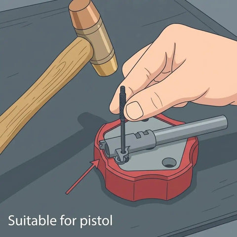 Hand using Roll Pin Starter Punch Set For AR Builds Four Starter Punches In Sizes One Sixteenth Five Sixty Fourths Three Thirty Second And One Eighth Inches Heat Treated Steel With Black Finish Keeps Pins In Place During Installation with pistol.