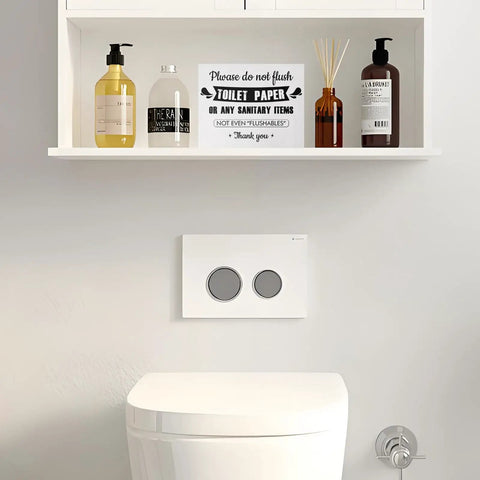 Bathroom with shelf above toilet displaying Do Not Flush Anything Except Toilet Paper Sign, Solid Wood Hanging Bathroom Rules Decor