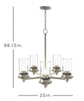 Front view of Five Head Modern Farmhouse Chandelier LED Silver Light Fixture, 25in wide, 98.13in tall, with glass shades.
