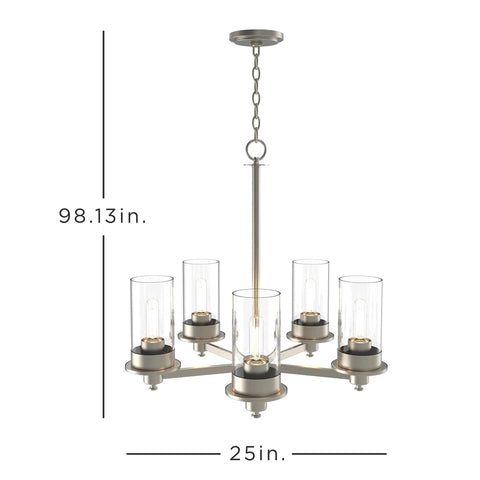 Front view of Five Head Modern Farmhouse Chandelier LED Silver Light Fixture, 25in wide, 98.13in tall, with glass shades.