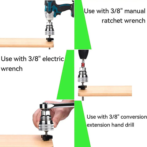 Two Pack Universal Socket Wrench Tool Set, Adjustable 10 To 19mm Universal Socket For Three Eighths Inch Drive Ratchet Or Power Drill, All In One Maintenance Tool For Tackling Damaged, Rounded, And Rusted Fasteners With No Hassle. 3/8 in socket on drill, ratchet, and hand wrench for woodworking