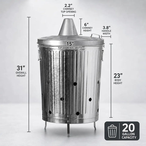 Beefy 20 Gallon Galvanized Steel Incinerator Can With Lid And Vent Holes For Outdoor Burning Of Leaves Paper Yard Waste
