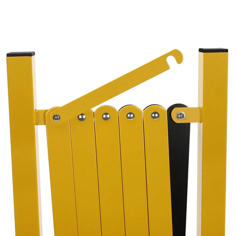 Close-up of Heavy Duty Yellow And Black Folding Security Gate Built Like A Tank With Top Shelf Craftsmanship showing hinge detail.