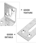 Close-up of heavy duty stainless steel adjustable L shaped bracket with slotted holes for chairs and tables, right angle corner braces, 6 pack.