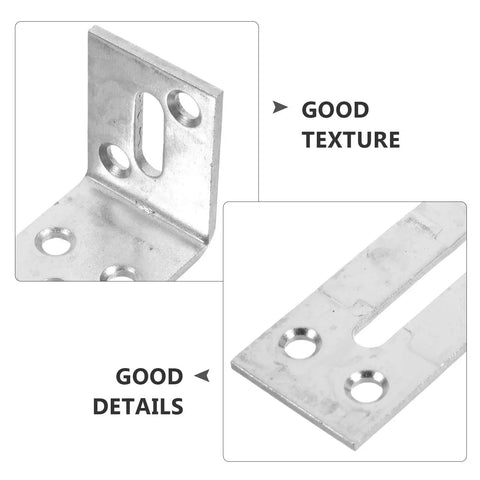 Close-up of heavy duty stainless steel adjustable L shaped bracket with slotted holes for chairs and tables, right angle corner braces, 6 pack.