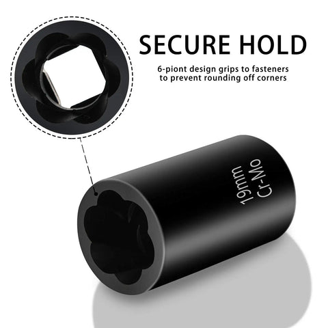 Close-up of 19mm twist socket from Garage Ready 5 Piece Twist Socket Set With Center Punch Bar for Stubborn Lug Nut Removal.