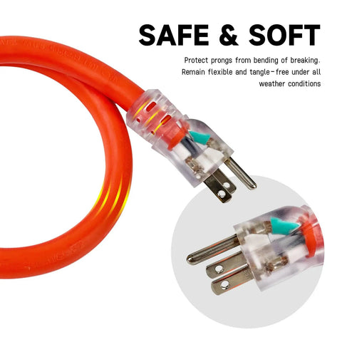 Close-up of 25 Foot Lighted Outdoor Extension Cord With Beefy 10/3 SJTW Heavy Duty Orange Cable and 3 Prong Grounded Plug, UL Listed, LED End