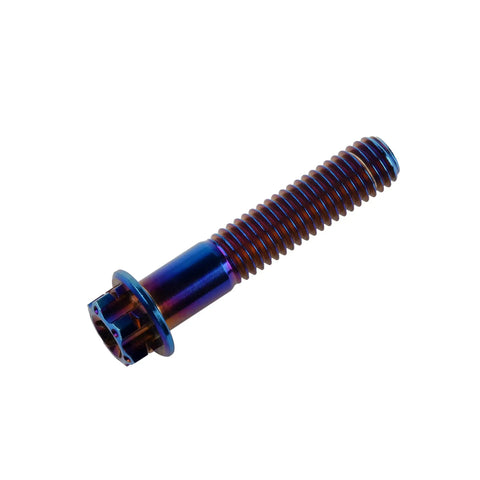 Top Shelf Pro Grade 5 Titanium Flange Head Torx Bolts M8x40mm Burnt Blue, highlighting the threaded design and cap.