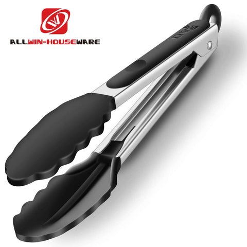 Two Pack Black Kitchen Tongs Set Pro Grade Silicone BPA Free Nonstick Stainless Steel BBQ Grilling Tongs With Locking Mechanism