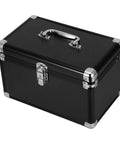 Premium Aluminum Double Layer Tool Box Featuring Rock Solid Sealed Latches And Heavy Duty Corner Guards, black with silver edges.
