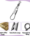 50 Pack Stainless Steel Fishing Snap Swivels With Barrel Swivel Design, Corrosion Resistant For Saltwater And Freshwater, Safety Interlock Clips For Lures And 14Lb Leader Lines, Pro Grade Bulk Set Built For All Day Angling; copper alloy snap swivel close-up