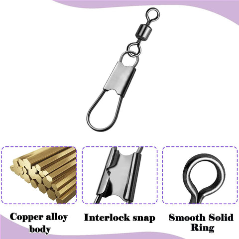 50 Pack Stainless Steel Fishing Snap Swivels With Barrel Swivel Design, Corrosion Resistant For Saltwater And Freshwater, Safety Interlock Clips For Lures And 14Lb Leader Lines, Pro Grade Bulk Set Built For All Day Angling; copper alloy snap swivel close-up