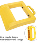 Professional Grade Solid As A Rock Heavy Duty Pallet Jack Stopper And Truck Chock Two Pack Yellow Trailer Wheel Block with handle.