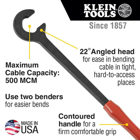 Built Tough One Piece Steel Cable Bender, 14 Inch, 22 Degree Angled Head, 500 MCM Capacity, Black Oxide Finish, Made in USA