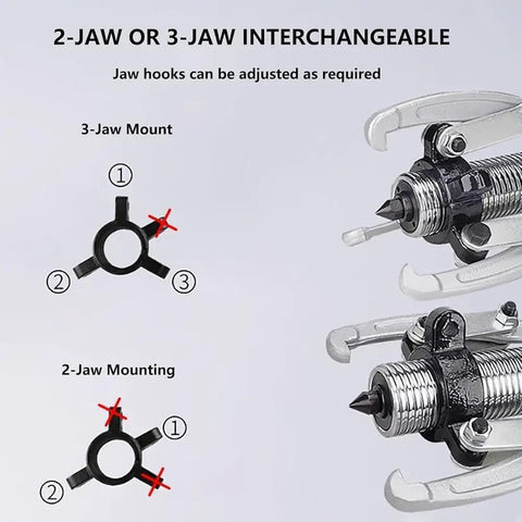 Heavy Duty 50 Ton Hydraulic Bearing Puller With Manual Hand Pump showing interchangeable 2-jaw and 3-jaw mount options for flexibility.