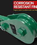 Green heavy duty snatch block with hook for rollback recovery 8 ton working load limit 6 inch sheave, corrosion resistant finish.