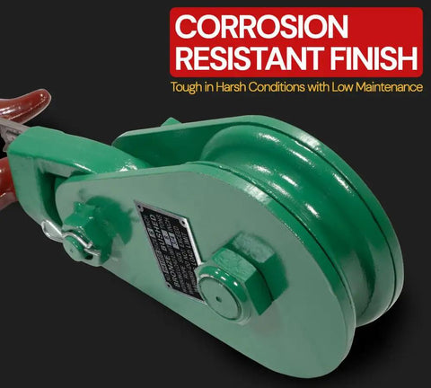Green heavy duty snatch block with hook for rollback recovery 8 ton working load limit 6 inch sheave, corrosion resistant finish.