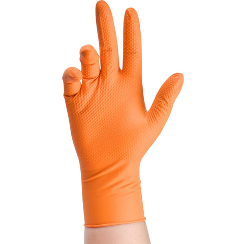 Orange nitrile disposable glove on hand with raised diamond-textured grip