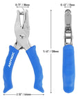 Front and side view of blue one hole paper punch with soft grip handle, durable metal, 1/4 inch hole for crafts and scrapbooks, six sheets capacity.