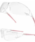 Wraparound Anti Fog Safety Glasses With Blue Light Blocking Lenses ANSI Z87 Certified Eyewear For Cycling pink frame side view.