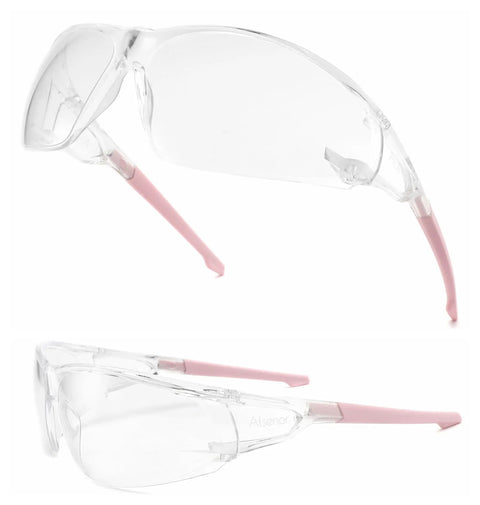 Wraparound Anti Fog Safety Glasses With Blue Light Blocking Lenses ANSI Z87 Certified Eyewear For Cycling pink frame side view.