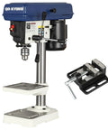 Kickass 8 Inch Benchtop Drill Press With Heavy Duty Cast Iron Head And 5 Variable Speed Settings Up To 3100 Rpm Plus Tilting Height Adjustable Work Table showing drill press with adjustable table and clamp, ideal for home shop projects.