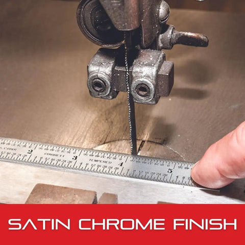 Heavy Duty Tempered Steel Rule With Satin Chrome Finish for Quick Reading and Millimeter Graduation next to cutting tool