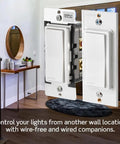 Dual view of Decora Smart Switch Wi Fi 2nd Gen With Matter, Neutral Wire Required, Voice Control With Alexa, Google Assistant And Apple Siri, No Fuss Setup In Wired Or Wireless 3 Way Config, White D215S1RW in modern home setting.