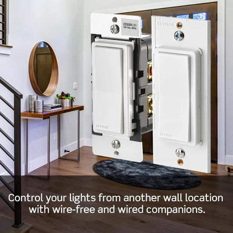 Dual view of Decora Smart Switch Wi Fi 2nd Gen With Matter, Neutral Wire Required, Voice Control With Alexa, Google Assistant And Apple Siri, No Fuss Setup In Wired Or Wireless 3 Way Config, White D215S1RW in modern home setting.
