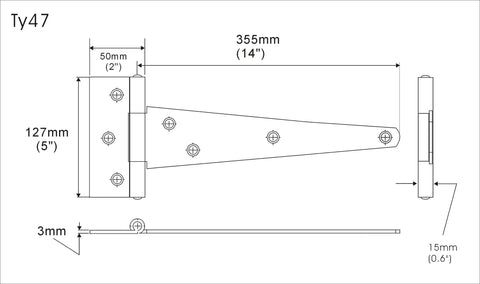 Extra Heavy Duty Tee Hinge 14 X 5 Inch 3MM Steel Hot Galvanized Finish detailed drawing with measurements.