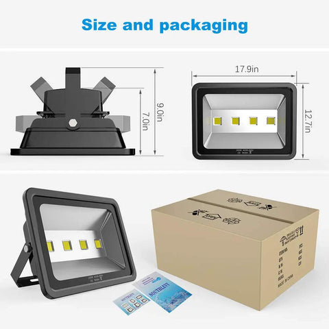 Ultra Bright 200W LED Flood Light 6000K Daylight White, 20000Lm Outdoor Security with packaging and dimensions shown
