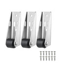 Heavy Hauling Farm Gate Roller Wheels Kit With Slick Ball Bearing Glide, Rock Solid Anti Sag Hardware, No Fuss Low Profile Sliding Rollers For Barns And Wooden Gates, Six Piece Set, three metal roller brackets with black wheels and screws.