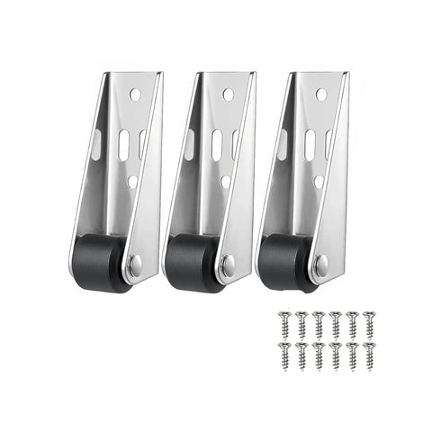Heavy Hauling Farm Gate Roller Wheels Kit With Slick Ball Bearing Glide, Rock Solid Anti Sag Hardware, No Fuss Low Profile Sliding Rollers For Barns And Wooden Gates, Six Piece Set, three metal roller brackets with black wheels and screws.
