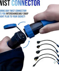 Twist connector for Tesla Portable Mobile Charger 32A Adjustable Amperage With Nacs J1772 Adapter and plugs for easy swapping.