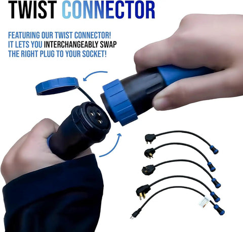 Twist connector for Tesla Portable Mobile Charger 32A Adjustable Amperage With Nacs J1772 Adapter and plugs for easy swapping.
