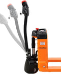 Heavy Duty Four Thousand Lb Self Propelled Electric Pallet Jack With 27 By 45 Inch Stainless Forks And Polyurethane Wheels For Smooth Operation On Warehouse Floors Features Automatic Safety Braking, showing handle and control panel.
