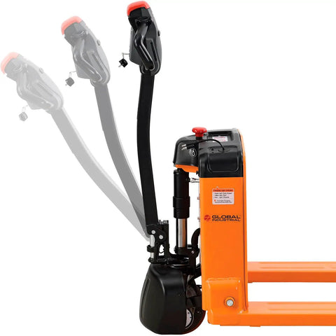 Heavy Duty Four Thousand Lb Self Propelled Electric Pallet Jack With 27 By 45 Inch Stainless Forks And Polyurethane Wheels For Smooth Operation On Warehouse Floors Features Automatic Safety Braking, showing handle and control panel.