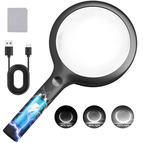 30X Rechargeable Magnifier With Light, 4.33 Inch Large Handheld LED Magnifying Glass With 20 Daylight LEDs And 3 Gear Dimming