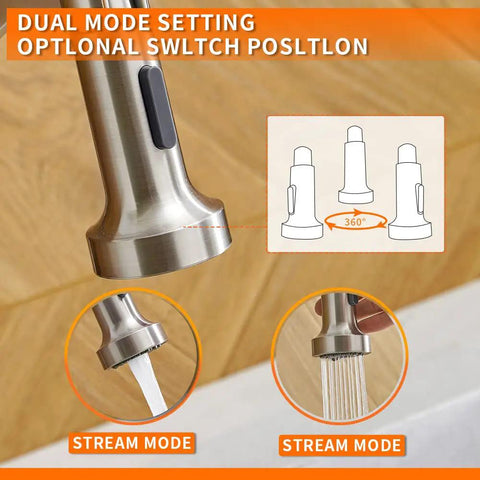 Brushed Nickel Kitchen Faucet With Pull Down Sprayer dual mode settings in stream mode for farmhouse sinks, includes deck plate.